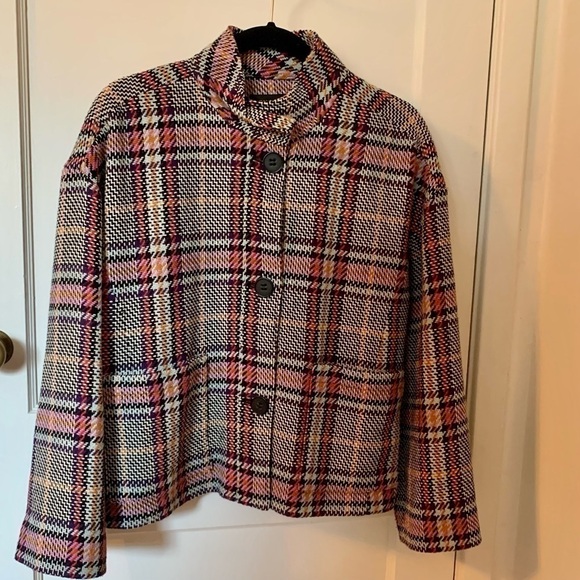HALOGEN Tweed Crop Jacket Blazer Oversized Knit High Collar Boxy L Multicolor - Picture 1 of 10